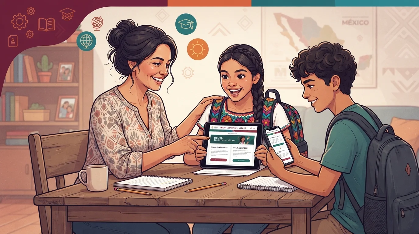 Familia mexicana consultando el estatus de su beca escolar y apoyos sociales con su CURP